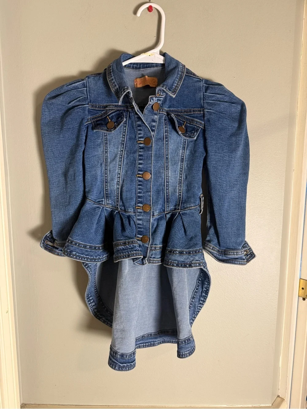 Paris Girls Denim Puff Sleeve Peplum Jacket Dress Missing Belt Size 4